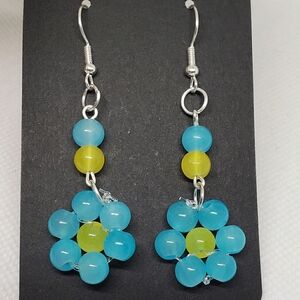 Handmade Turquoise Yellow Beaded Glass Flower Earrings